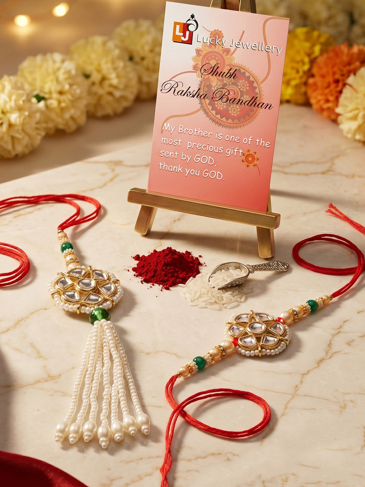 Set of 2 Bhaiya Bhabhi Rakhi Set with Floral Kundan, Green & White Beads, Tassel Lumba, Roli Chawal (118-JPCR1-1850-2-2026)