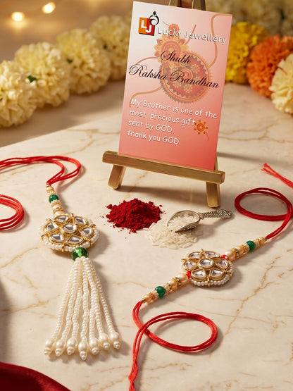 Set of 2 Bhaiya Bhabhi Rakhi Set with Floral Kundan, Green & White Beads, Tassel Lumba, Roli Chawal (118-JPCR1-1850-2-2026)
