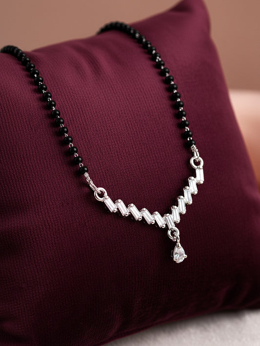 Silver Plated AD Stone Mangalsutra with Black Beads for Women