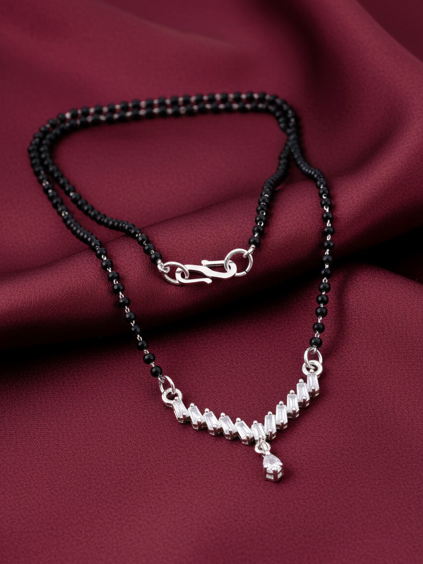 Silver Plated AD Stone Mangalsutra with Black Beads for Women