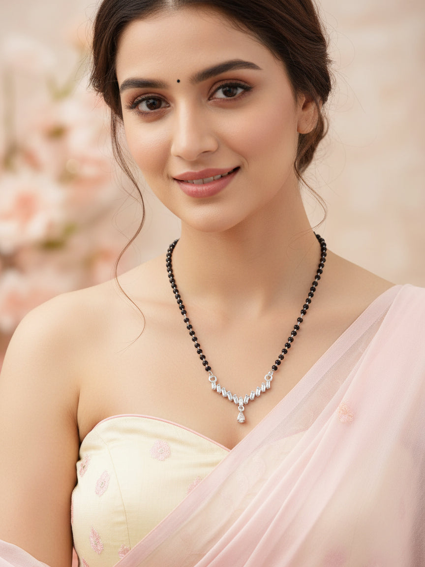 Silver Plated AD Stone Mangalsutra with Black Beads for Women