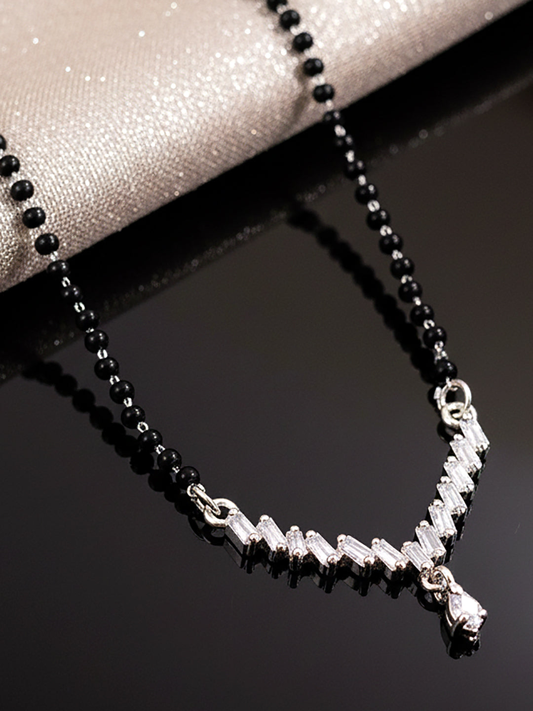 Silver Plated AD Stone Mangalsutra with Black Beads for Women