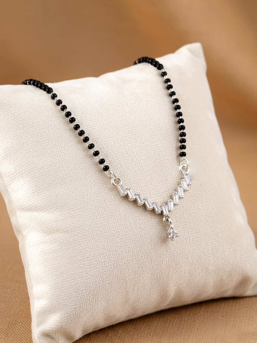 Silver Plated AD Stone Mangalsutra with Black Beads for Women