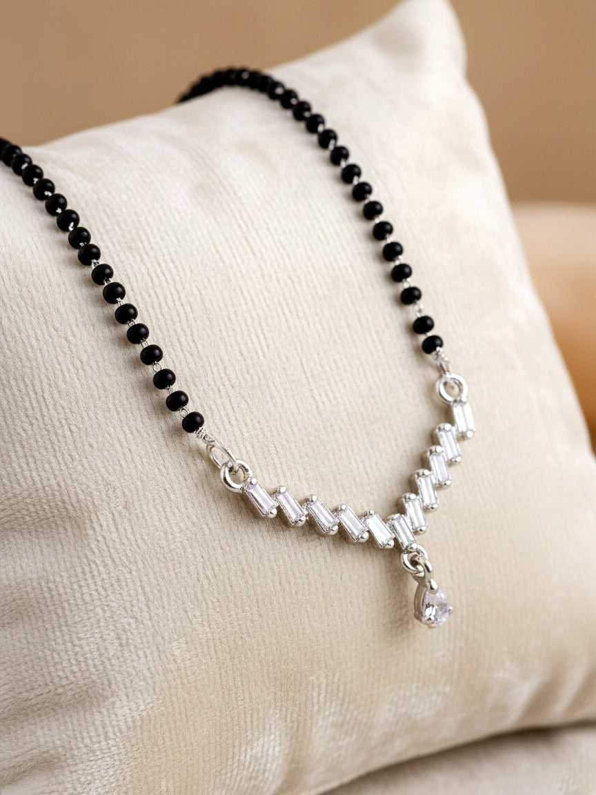Silver Plated AD Stone Mangalsutra with Black Beads for Women