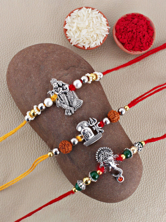 Lucky Jewellery Designer Oxidised Silver Religious Rakhi - Rakshabandhan Shiva/Ganesha & Radha Krishna Rakhee Bracelet for Brother/Bhaiya/Bhai/Bhabhi - Pack of 3 (115-JPR1-1984-S-3)