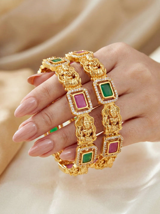 Gold-Plated Laxmi Temple AD Pink Green Bangle (1193-C1BG-2216-2)