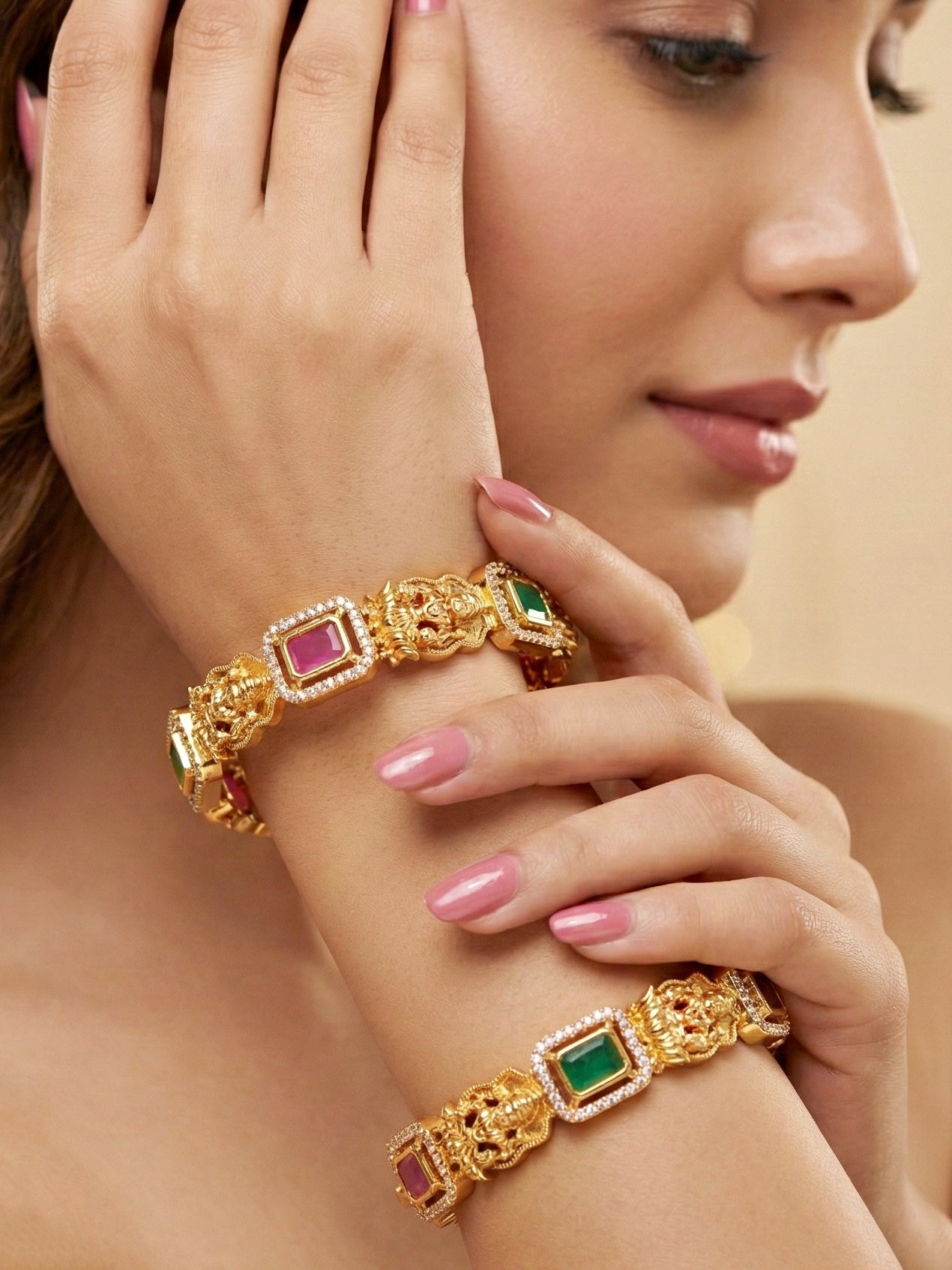 Gold-Plated Laxmi Temple AD Pink Green Bangle (1193-C1BG-2216-2)
