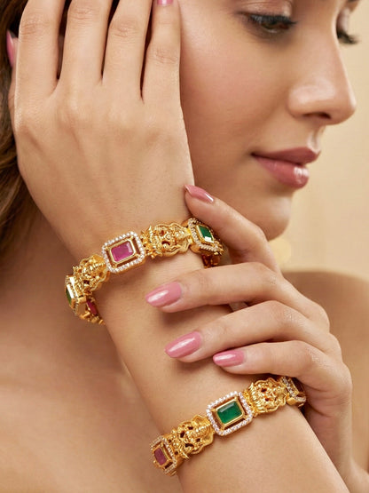 Gold-Plated Laxmi Temple AD Pink Green Bangle (1193-C1BG-2216-2)