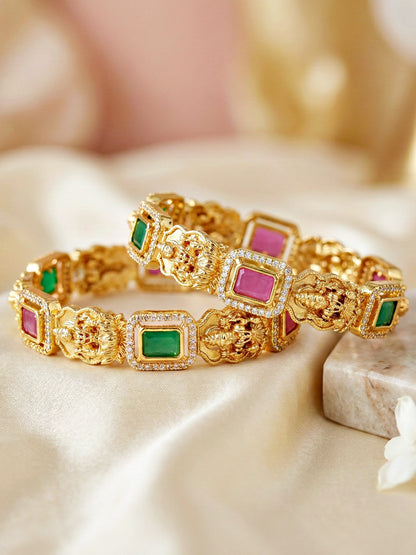 Gold-Plated Laxmi Temple AD Pink Green Bangle (1193-C1BG-2216-2)