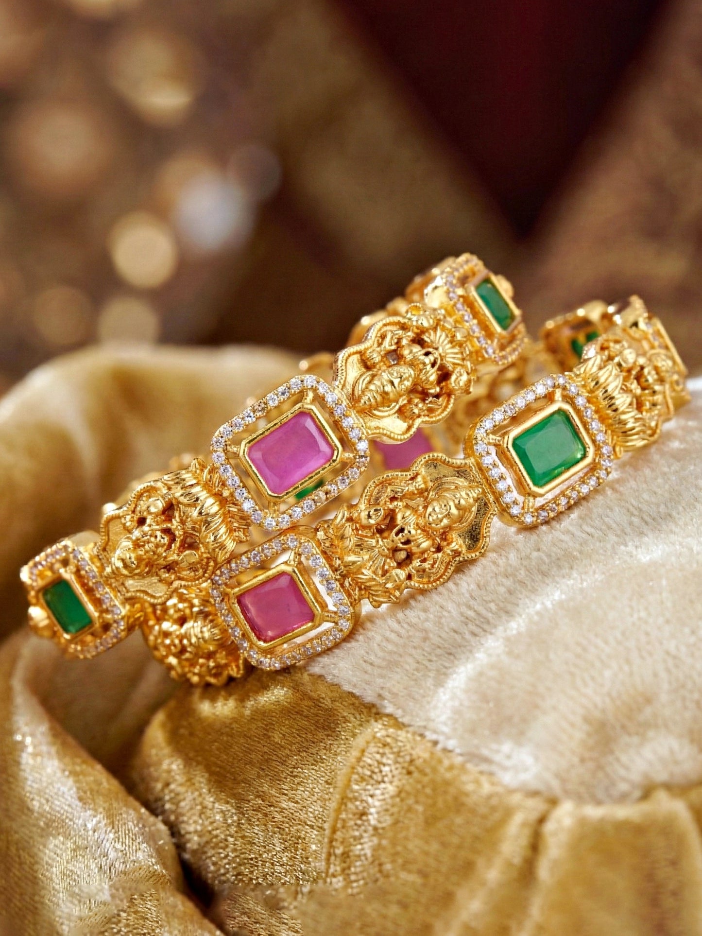 Gold-Plated Laxmi Temple AD Pink Green Bangle (1193-C1BG-2216-2)