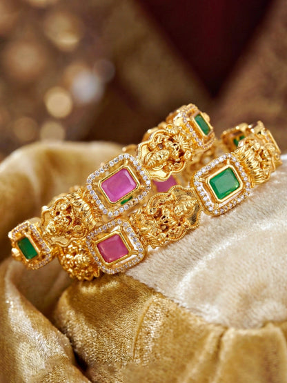 Gold-Plated Laxmi Temple AD Pink Green Bangle (1193-C1BG-2216-2)