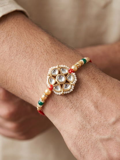 Set of 2 Bhaiya Bhabhi Rakhi Set with Floral Kundan, Green & White Beads, Tassel Lumba, Roli Chawal (118-JPCR1-1850-2-2026)