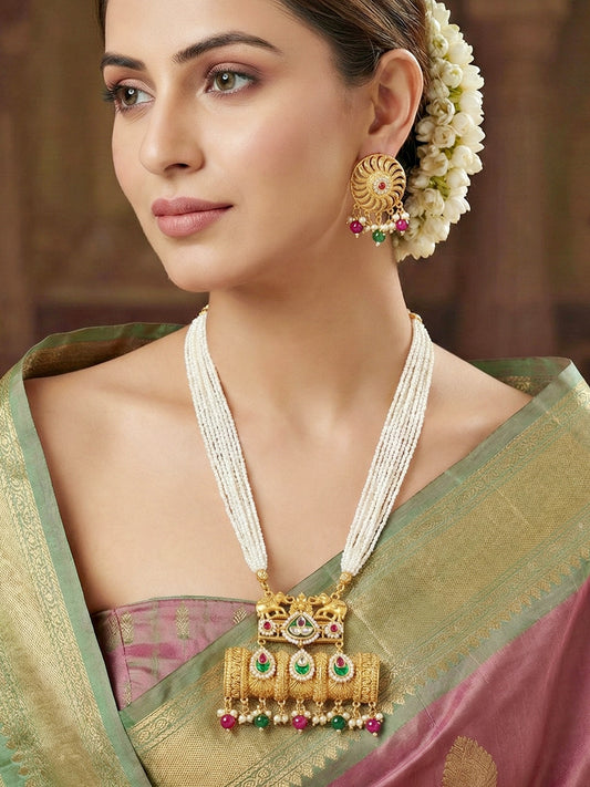 Gold-Tone Temple Pearl Necklace Set with Matching Earrings – Traditional Party & Function Wear (1215-KSM-35204-RG)
