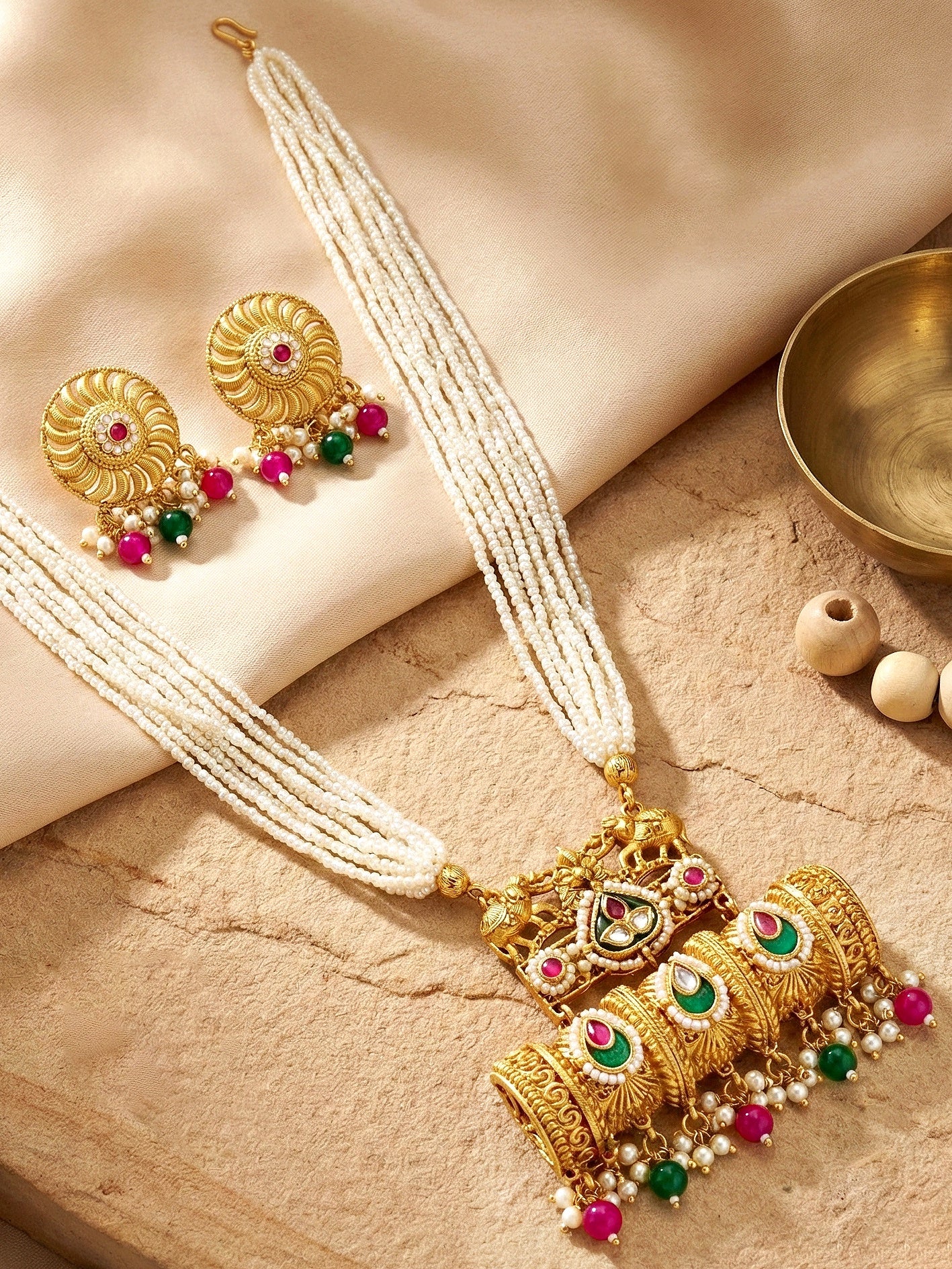 Gold-Tone Temple Pearl Necklace Set with Matching Earrings – Traditional Party & Function Wear (1215-KSM-35204-RG)