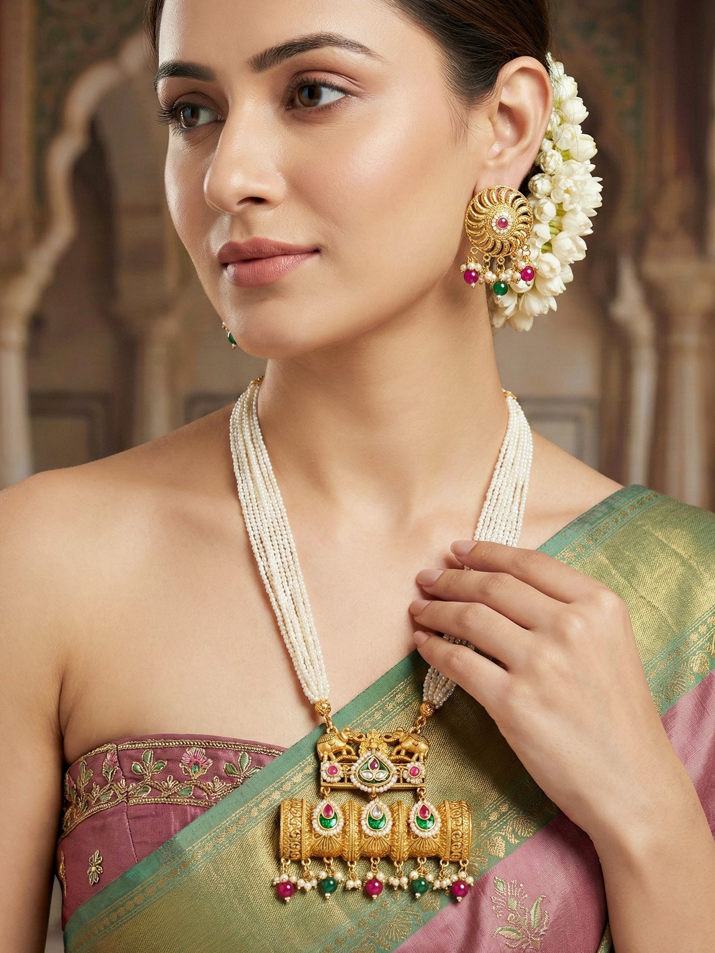 Gold-Tone Temple Pearl Necklace Set with Matching Earrings – Traditional Party & Function Wear (1215-KSM-35204-RG)