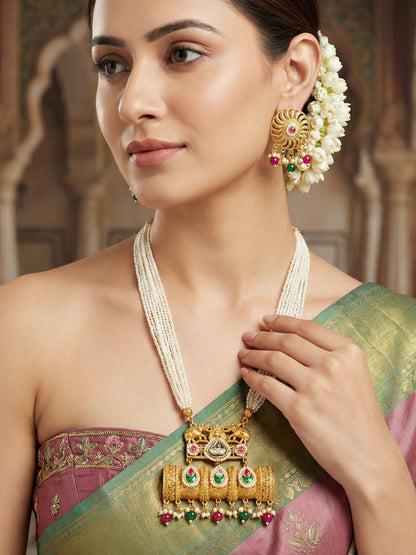Gold-Tone Temple Pearl Necklace Set with Matching Earrings – Traditional Party & Function Wear (1215-KSM-35204-RG)
