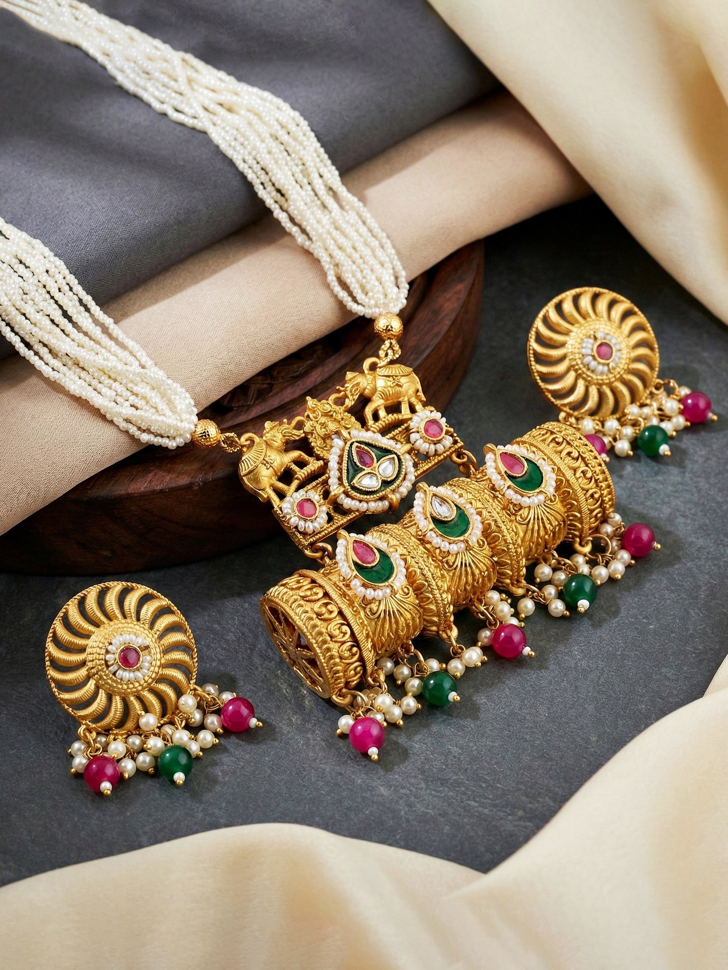 Gold-Tone Temple Pearl Necklace Set with Matching Earrings – Traditional Party & Function Wear (1215-KSM-35204-RG)