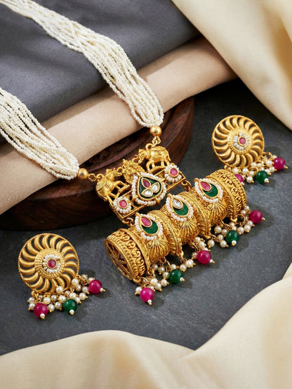 Gold-Tone Temple Pearl Necklace Set with Matching Earrings – Traditional Party & Function Wear (1215-KSM-35204-RG)
