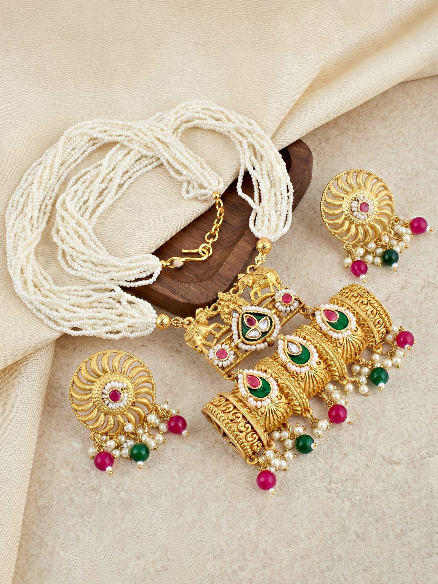 Gold-Tone Temple Pearl Necklace Set with Matching Earrings – Traditional Party & Function Wear (1215-KSM-35204-RG)