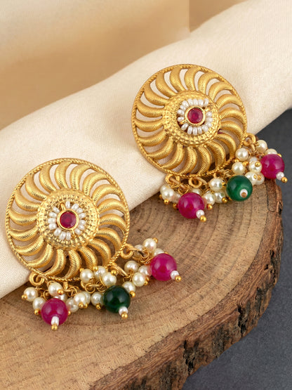 Gold-Tone Temple Pearl Necklace Set with Matching Earrings – Traditional Party & Function Wear (1215-KSM-35204-RG)