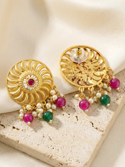 Gold-Tone Temple Pearl Necklace Set with Matching Earrings – Traditional Party & Function Wear (1215-KSM-35204-RG)