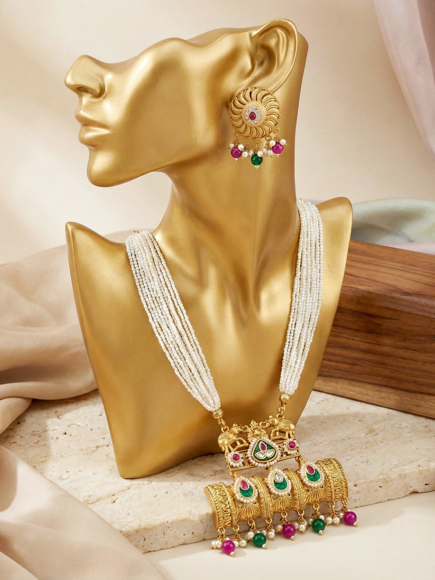 Gold-Tone Temple Pearl Necklace Set with Matching Earrings – Traditional Party & Function Wear (1215-KSM-35204-RG)