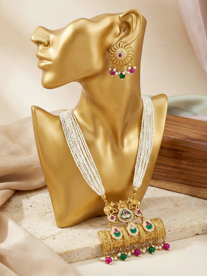 Gold-Tone Temple Pearl Necklace Set with Matching Earrings – Traditional Party & Function Wear (1215-KSM-35204-RG)