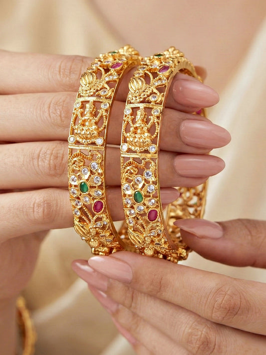 Gold-Plated Laxmi Temple AD Pink Green Bangle (1236-C1BG-2218-2)