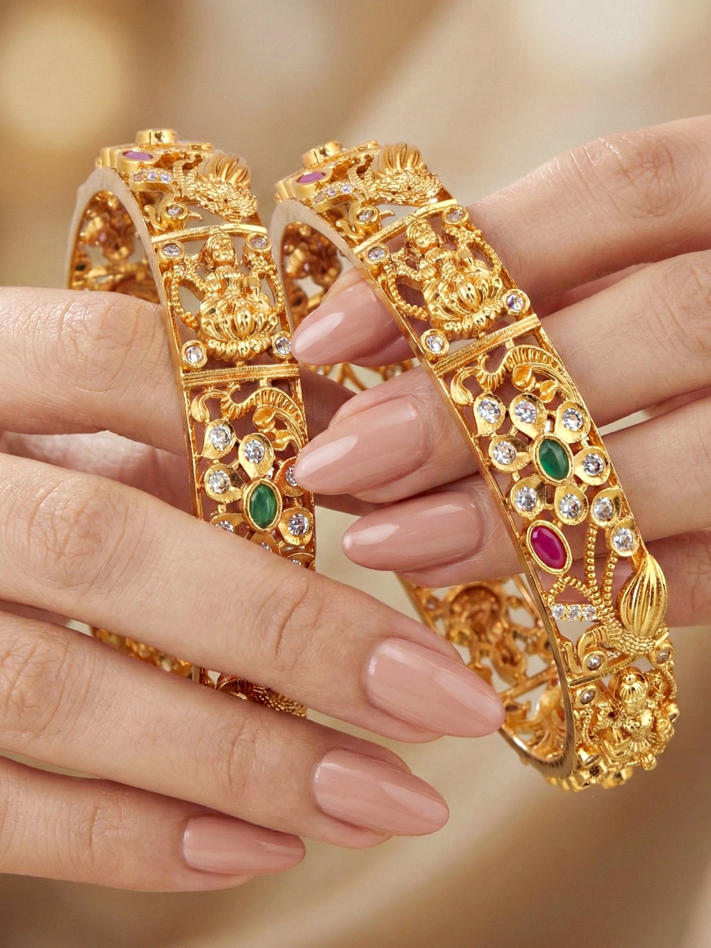 Gold-Plated Laxmi Temple AD Pink Green Bangle (1236-C1BG-2218-2)