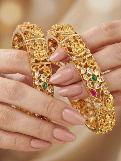 Gold-Plated Laxmi Temple AD Pink Green Bangle (1236-C1BG-2218-2)
