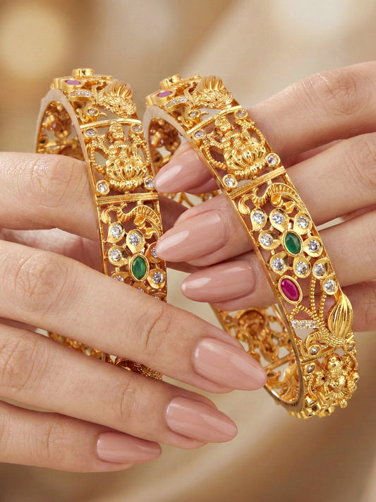 Gold-Plated Laxmi Temple AD Pink Green Bangle (1236-C1BG-2218-2)