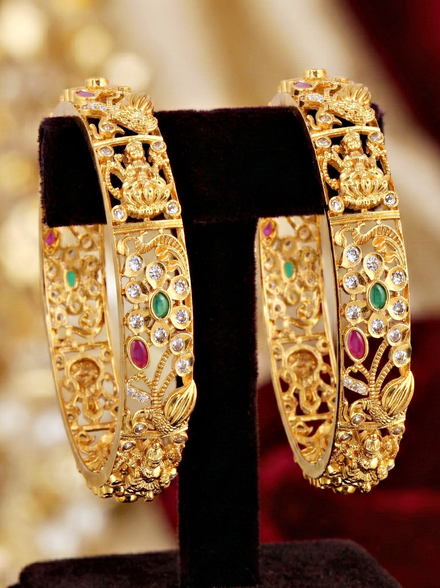Gold-Plated Laxmi Temple AD Pink Green Bangle (1236-C1BG-2218-2)