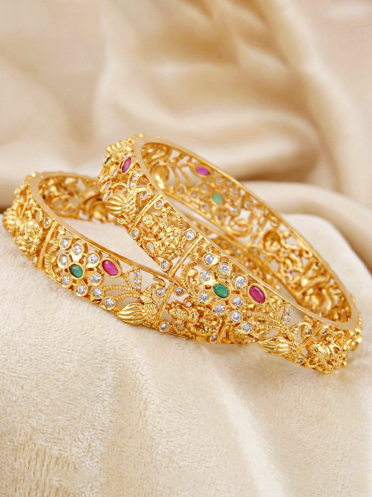 Gold-Plated Laxmi Temple AD Pink Green Bangle (1236-C1BG-2218-2)