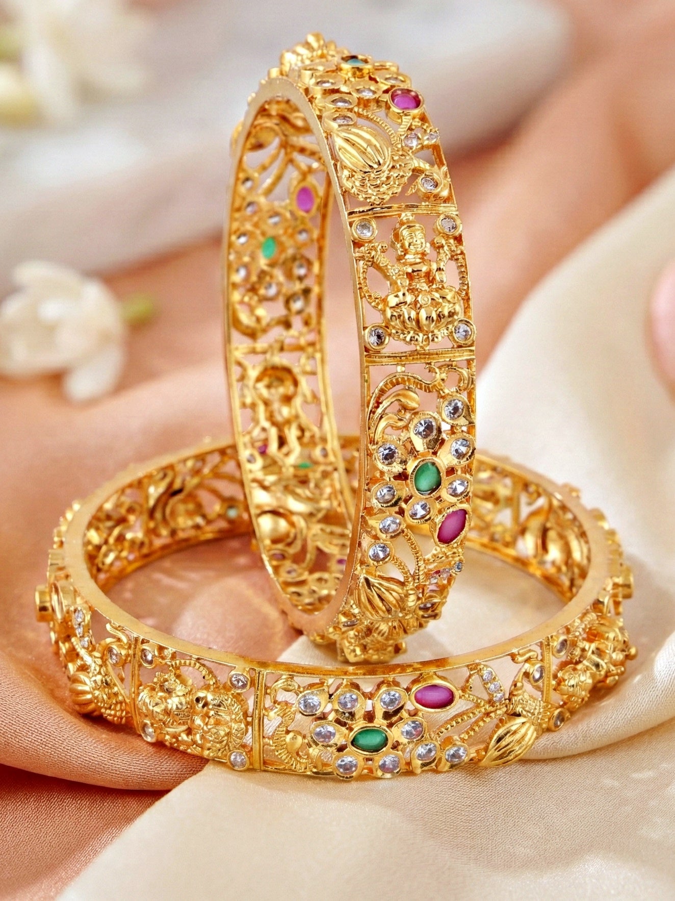 Gold-Plated Laxmi Temple AD Pink Green Bangle (1236-C1BG-2218-2)