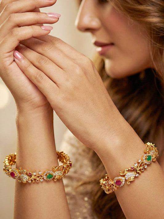 Gold-Plated Laxmi AD Pink Green Bangle (1243-C1BG-2219-2)