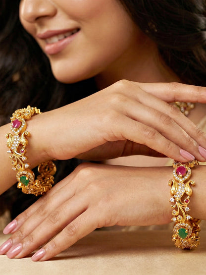 Gold-Plated Laxmi AD Pink Green Bangle (1243-C1BG-2219-2)