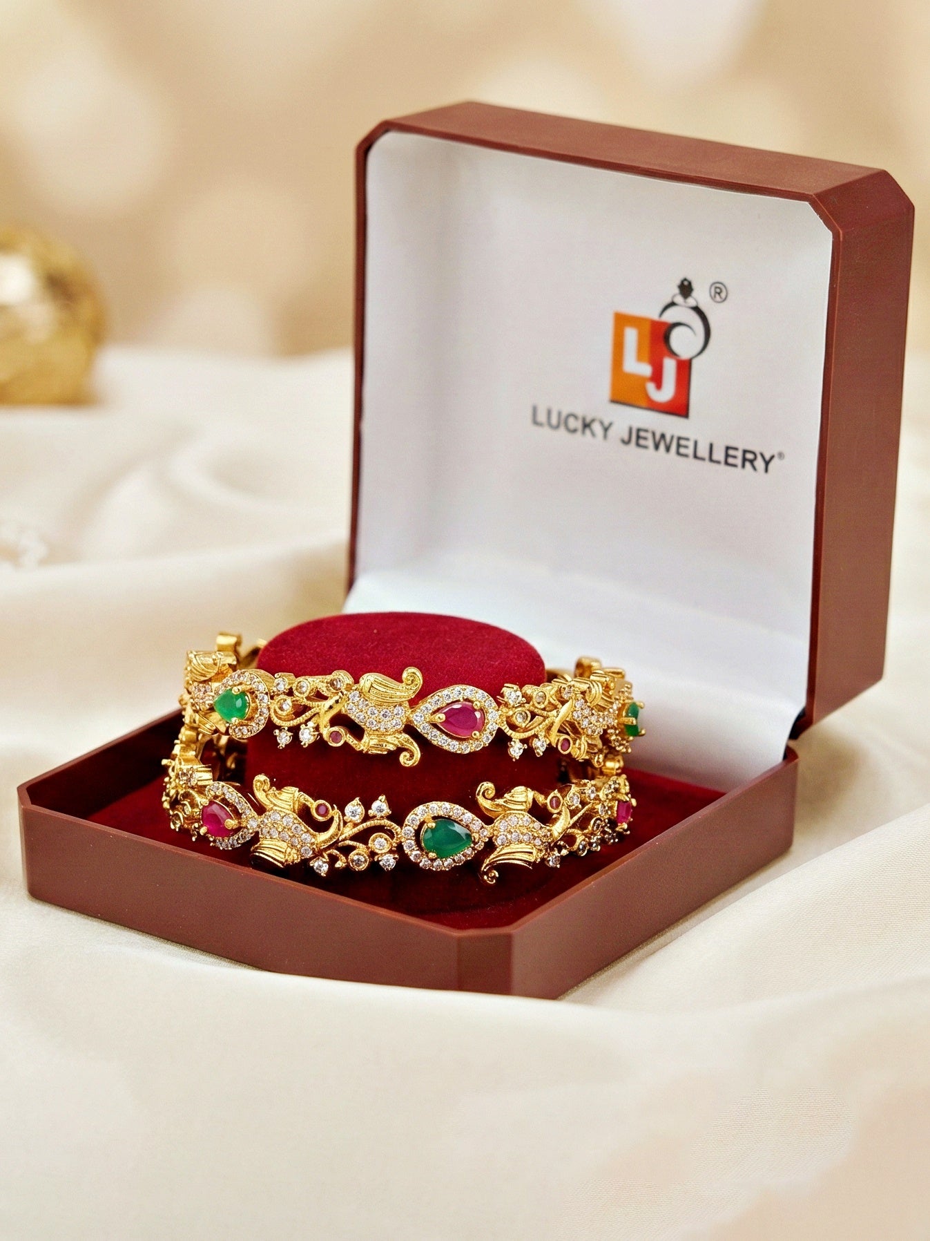 Gold-Plated Laxmi AD Pink Green Bangle (1243-C1BG-2219-2)