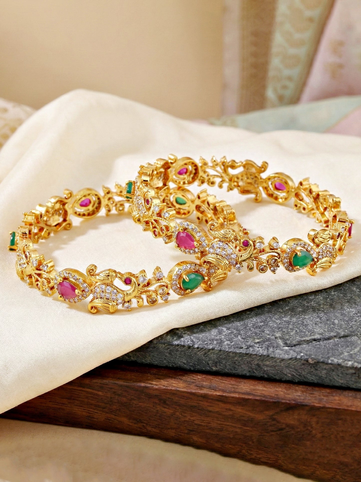 Gold-Plated Laxmi AD Pink Green Bangle (1243-C1BG-2219-2)