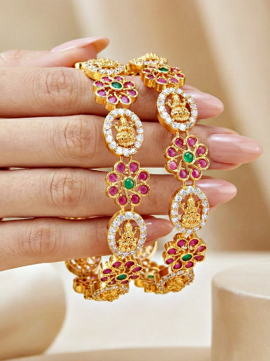 Gold-Plated Laxmi Floral Temple AD Bangle (1243-C1BG-2220-2)