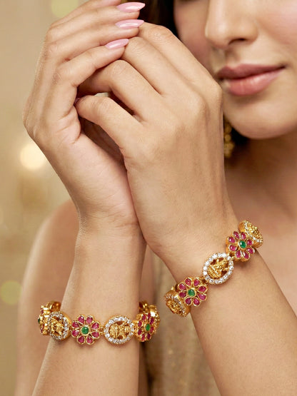 Gold-Plated Laxmi Floral Temple AD Bangle (1243-C1BG-2220-2)