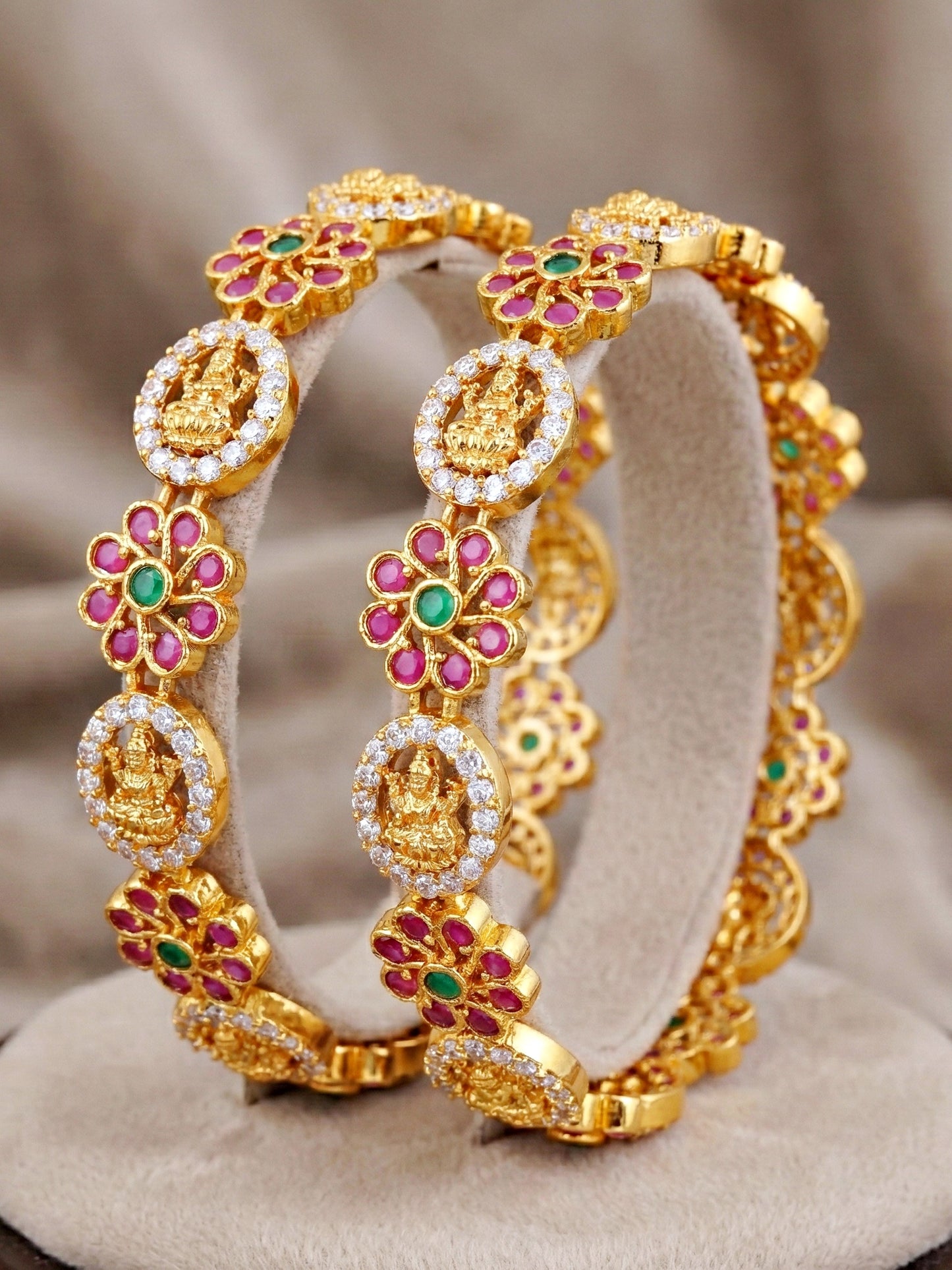 Gold-Plated Laxmi Floral Temple AD Bangle (1243-C1BG-2220-2)