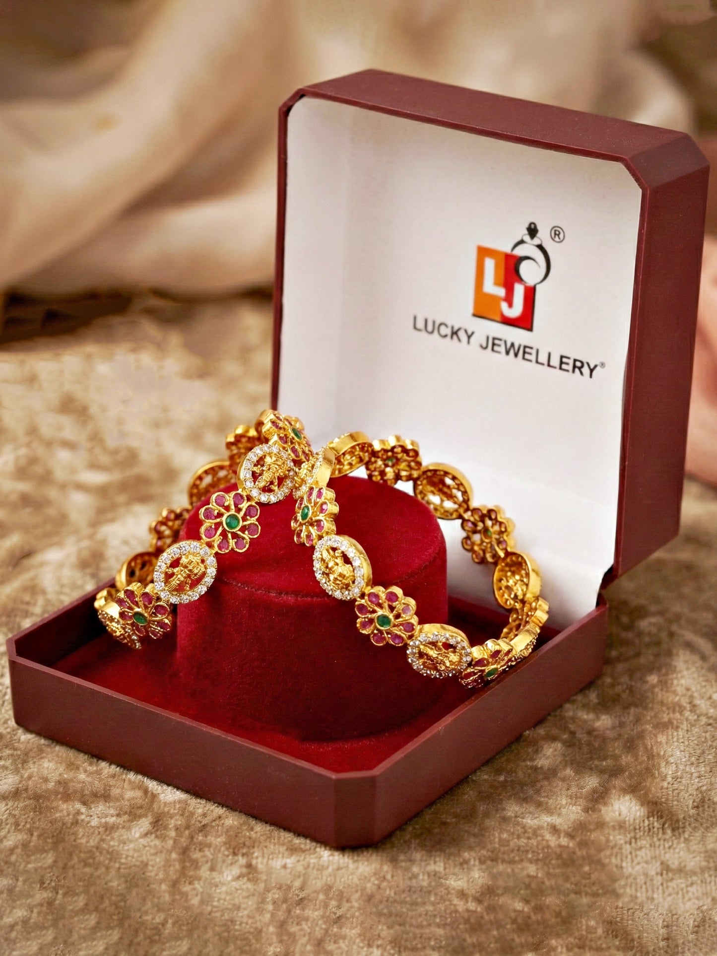 Gold-Plated Laxmi Floral Temple AD Bangle (1243-C1BG-2220-2)