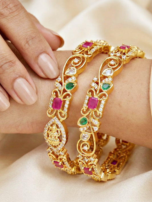 Gold-Plated Laxmi AD Pink Green Bangle (1262-C1BG-2221-2)
