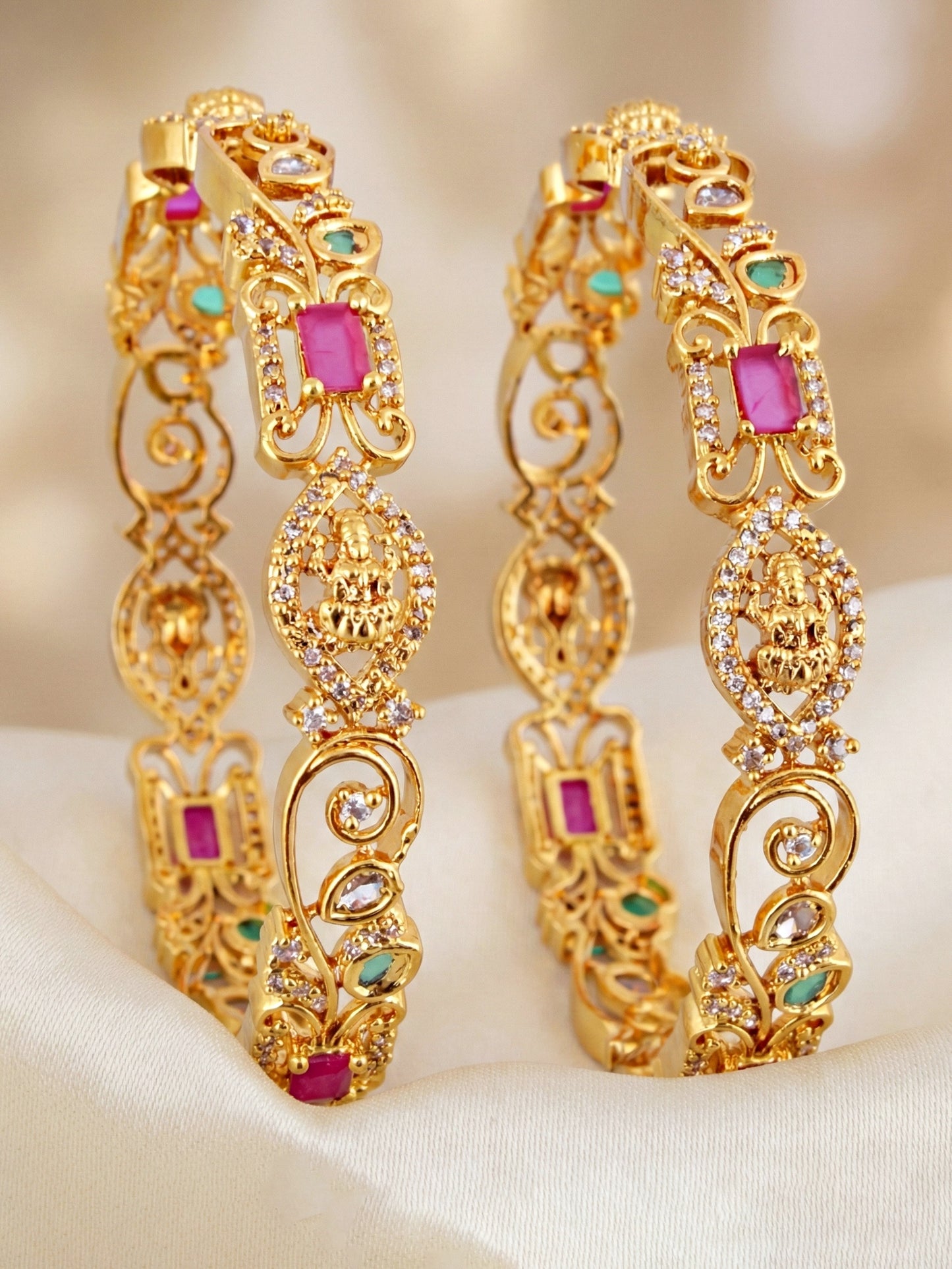 Gold-Plated Laxmi AD Pink Green Bangle (1262-C1BG-2221-2)