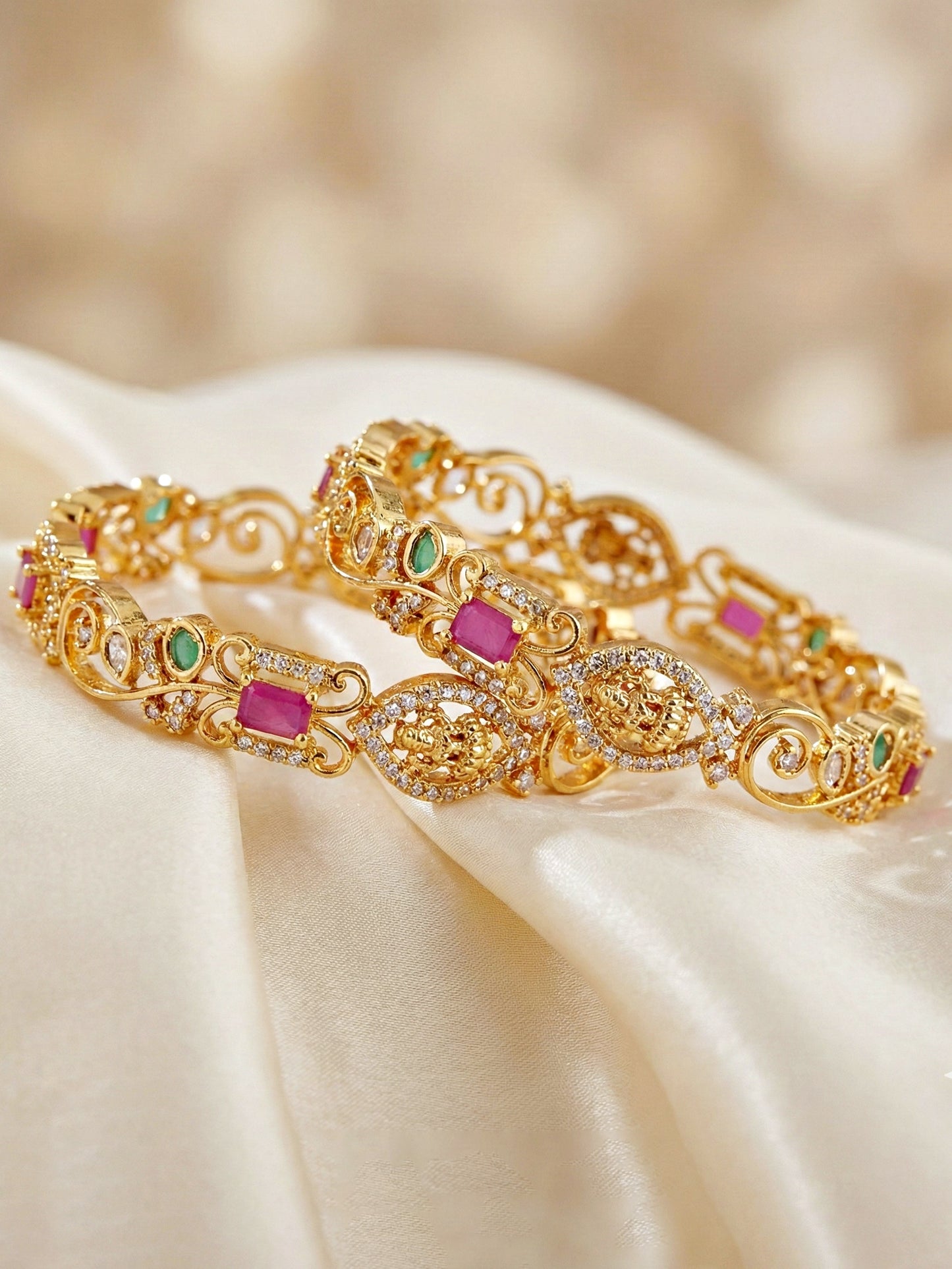 Gold-Plated Laxmi AD Pink Green Bangle (1262-C1BG-2221-2)
