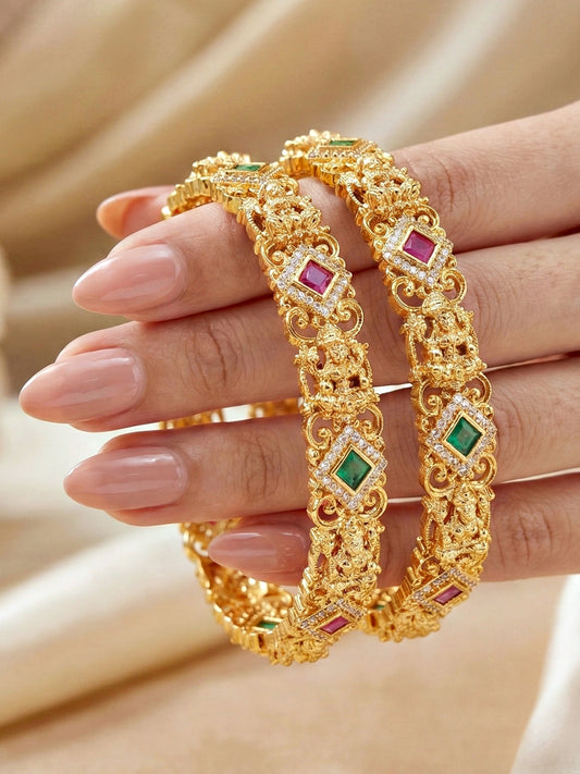 Gold-Plated Laxmi Temple AD Pink Green Bangle (1272-C1BG-2222-2)