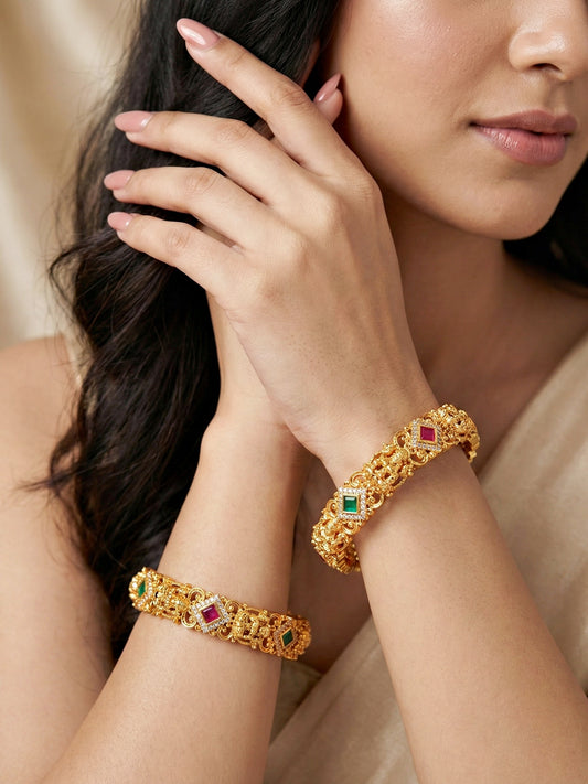 Gold-Plated Laxmi Temple AD Pink Green Bangle (1272-C1BG-2222-2)