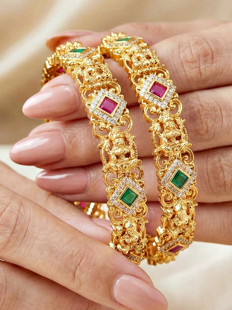 Gold-Plated Laxmi Temple AD Pink Green Bangle (1272-C1BG-2222-2)