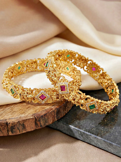 Gold-Plated Laxmi Temple AD Pink Green Bangle (1272-C1BG-2222-2)