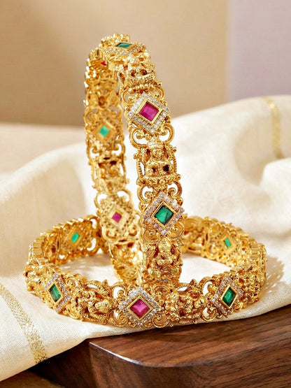 Gold-Plated Laxmi Temple AD Pink Green Bangle (1272-C1BG-2222-2)